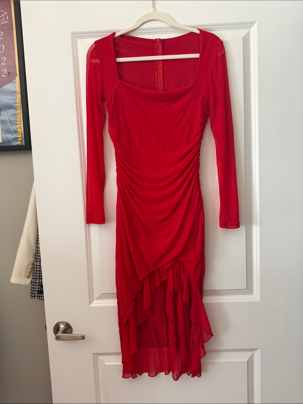 Red Long-Sleeve Ruched Asymmetrical Dress
